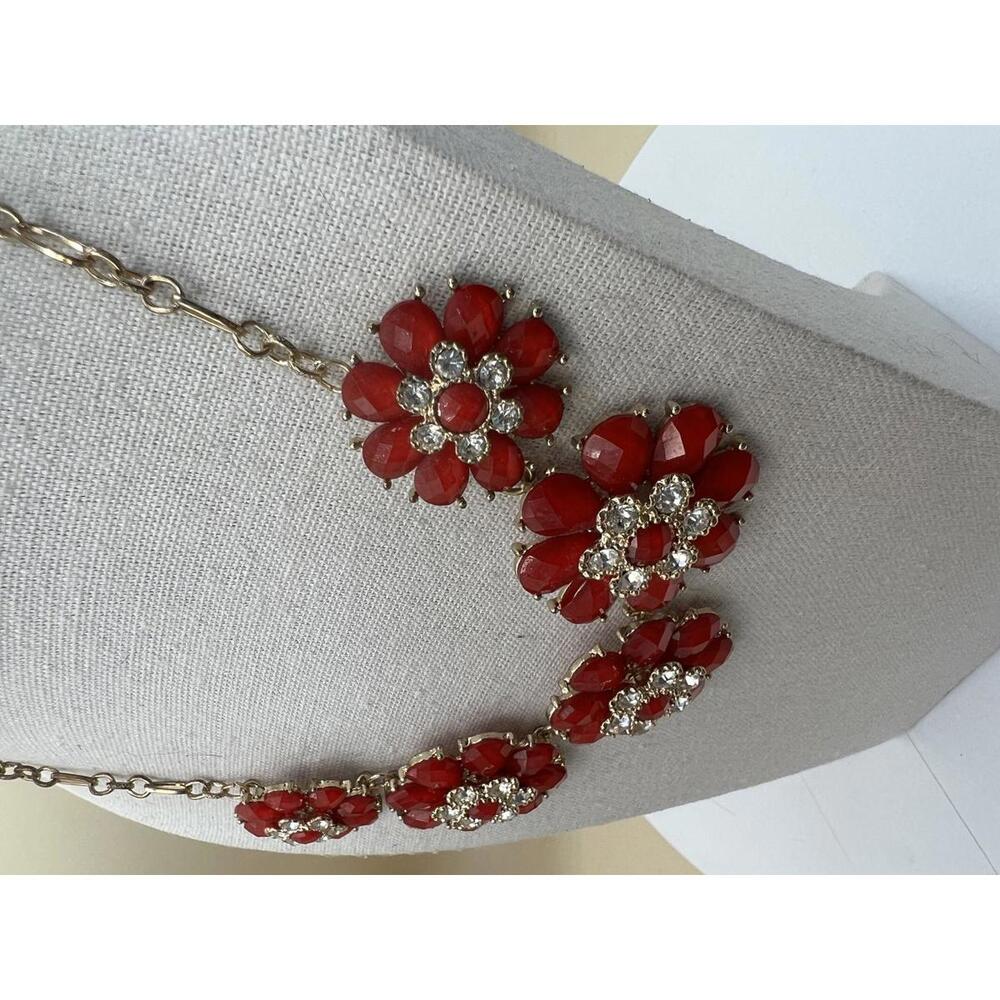 Red Floral Statement Necklace with Rhinestones - Picture 7 of 9